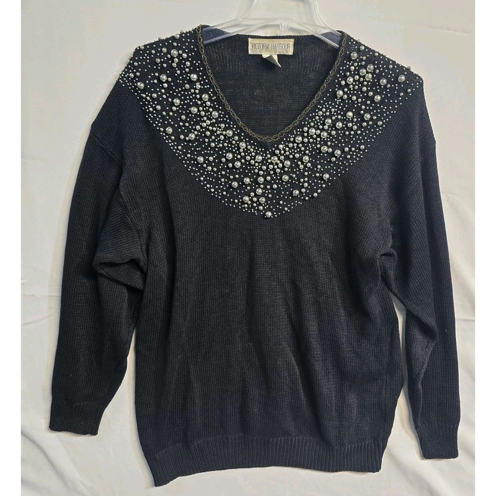 Victoria Harbour Vintage Sequined Beaded Black  Cotton Ramie Sweater  Women's L